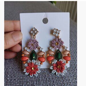 NWT Multicolor Beads with Flower Lace  Dangle Earrings- 2.75" Long